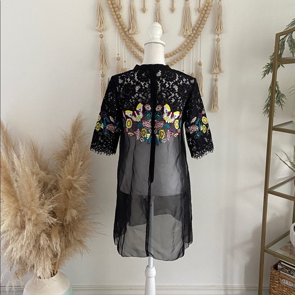 Beautiful black organza overlay babydoll sheer dress embroidered lace butterfly - Picture 11 of 16